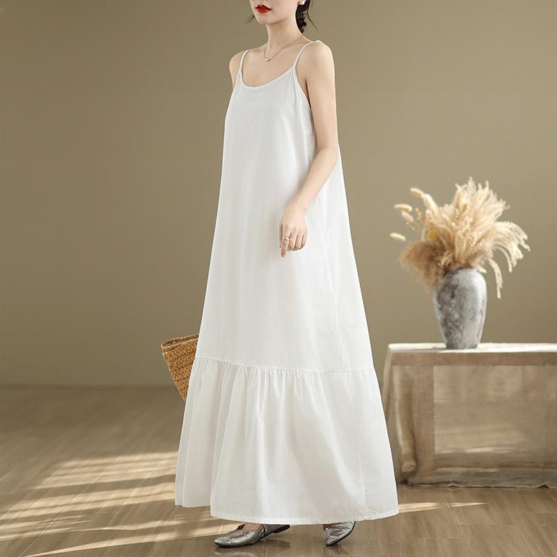 

2025 summer new solid color minimalist extended cotton splicing suspender skirt women s loose and thin casual fishtail skirt 2XL білий