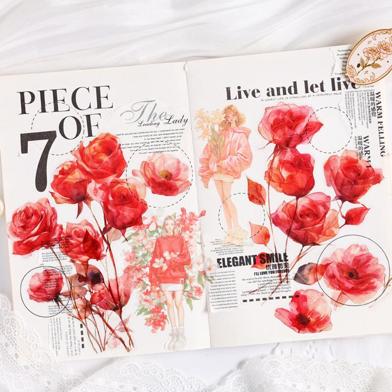 Yuezhen Rainbow Rose Large Journal Waterproof Vintage Floral PET Sticker Pack