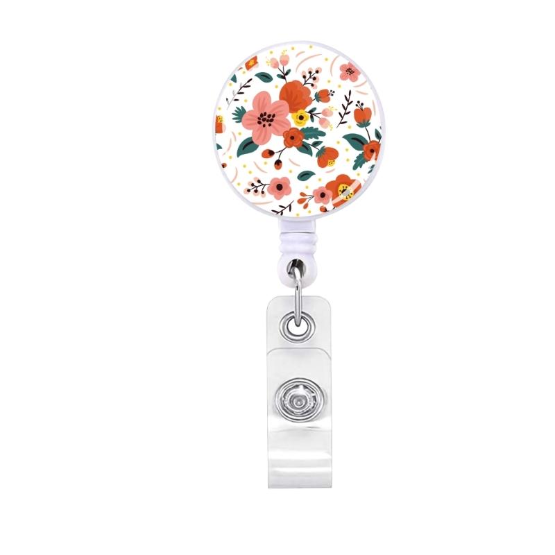Flower Print Badge Holder Retractable Badge Holder Rotating ABS Badge Holder with Metal Clip for Nurse Doctor Student