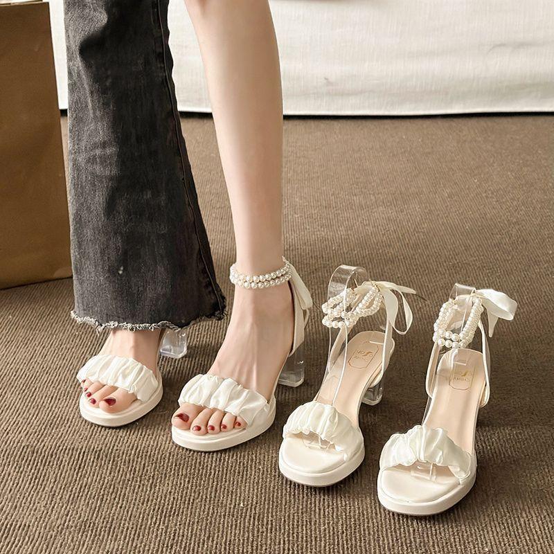 Fee Sommer mit rutschfesten Sandalen draußen Stil einfarbig High Heels Damen Perlen Hunderte Mode Schuhe Rock