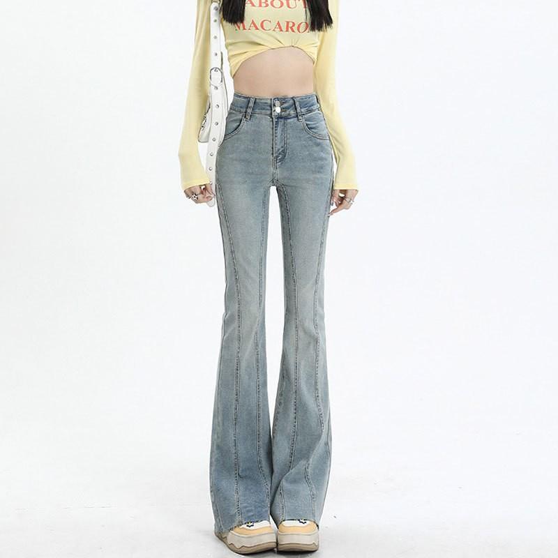 

Women s Flared Jeans With Double Buttons, High Waist, Design Sense, Spliced Horseshoe Pants, Nostalgic Elastic Retro Straight Flared Pants XL синий