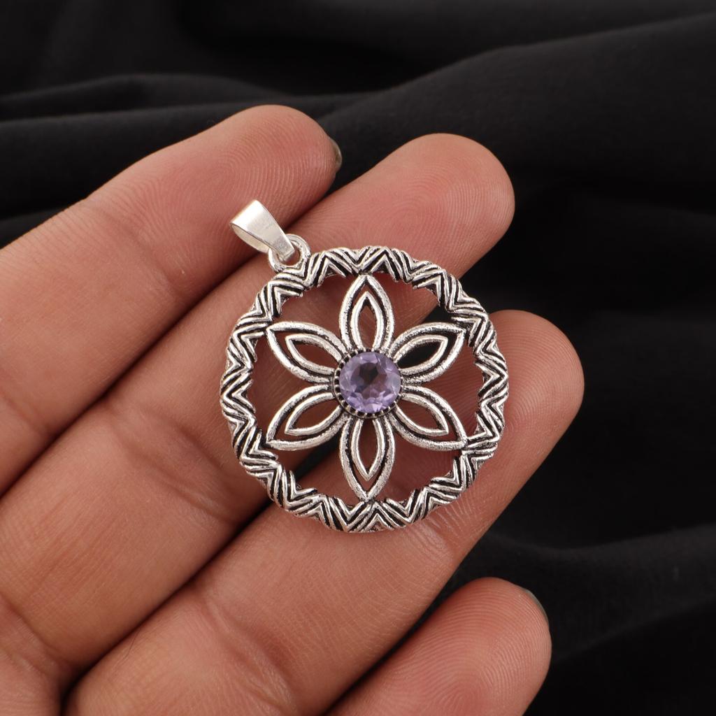 Rare Iolite Gemstone 925 Sterling Silver Jewelry Handcrafted Round Pendant 1.48" CP-29-2