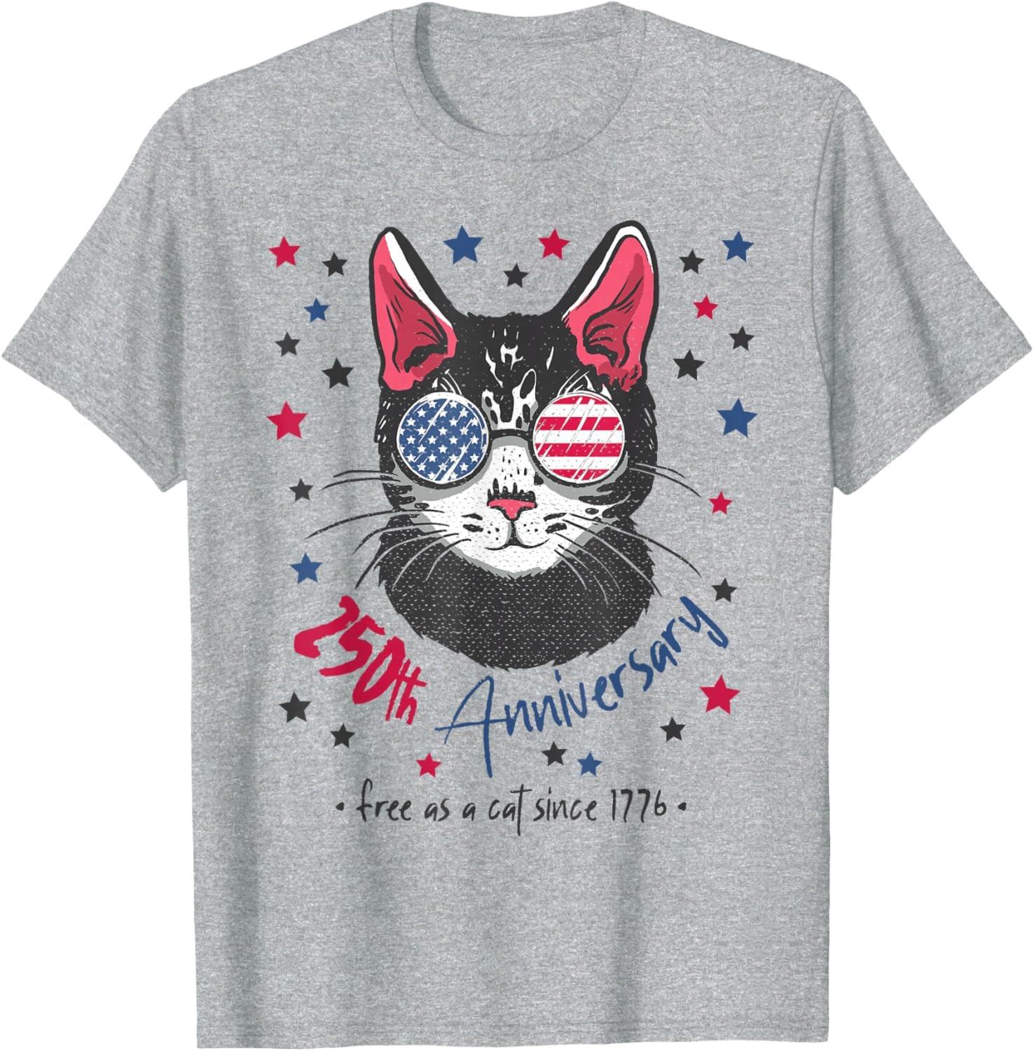 250th Anniversary America USA Flag Sunglasses Cat 250 Years Unisex T-Shirt S разноцветный