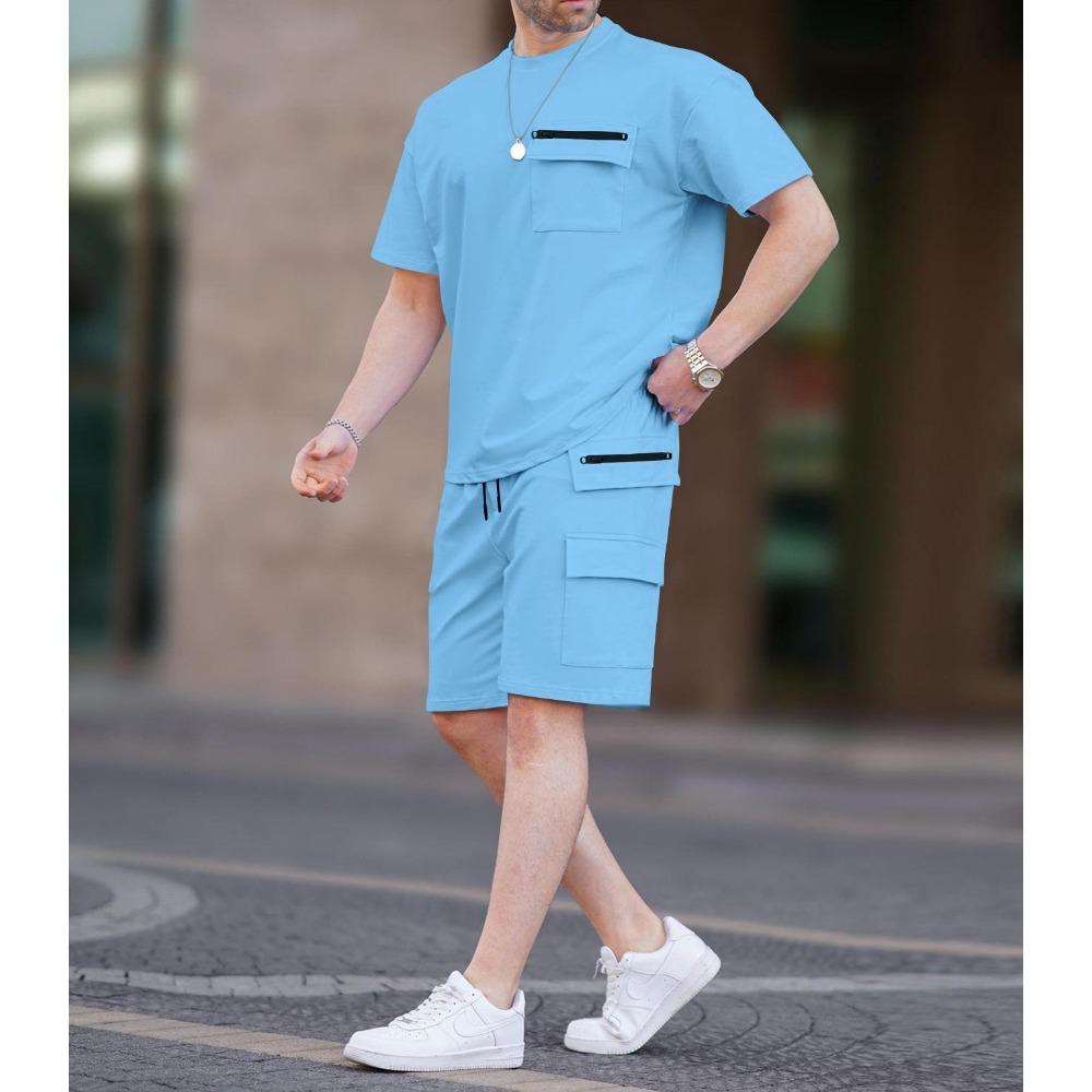 

Повседневная спортивная футболка однотонная сращивание мужской комплект XXXXL небесно-голубой