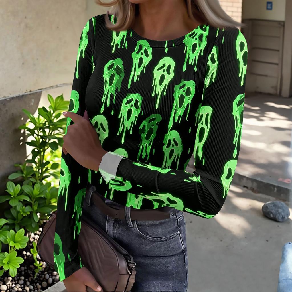 Women's Casual Long Sleeve Ribbed Top Halloween Print Round Neck Stretchy Slim Fit Pullover Shirt for Fall and Winter