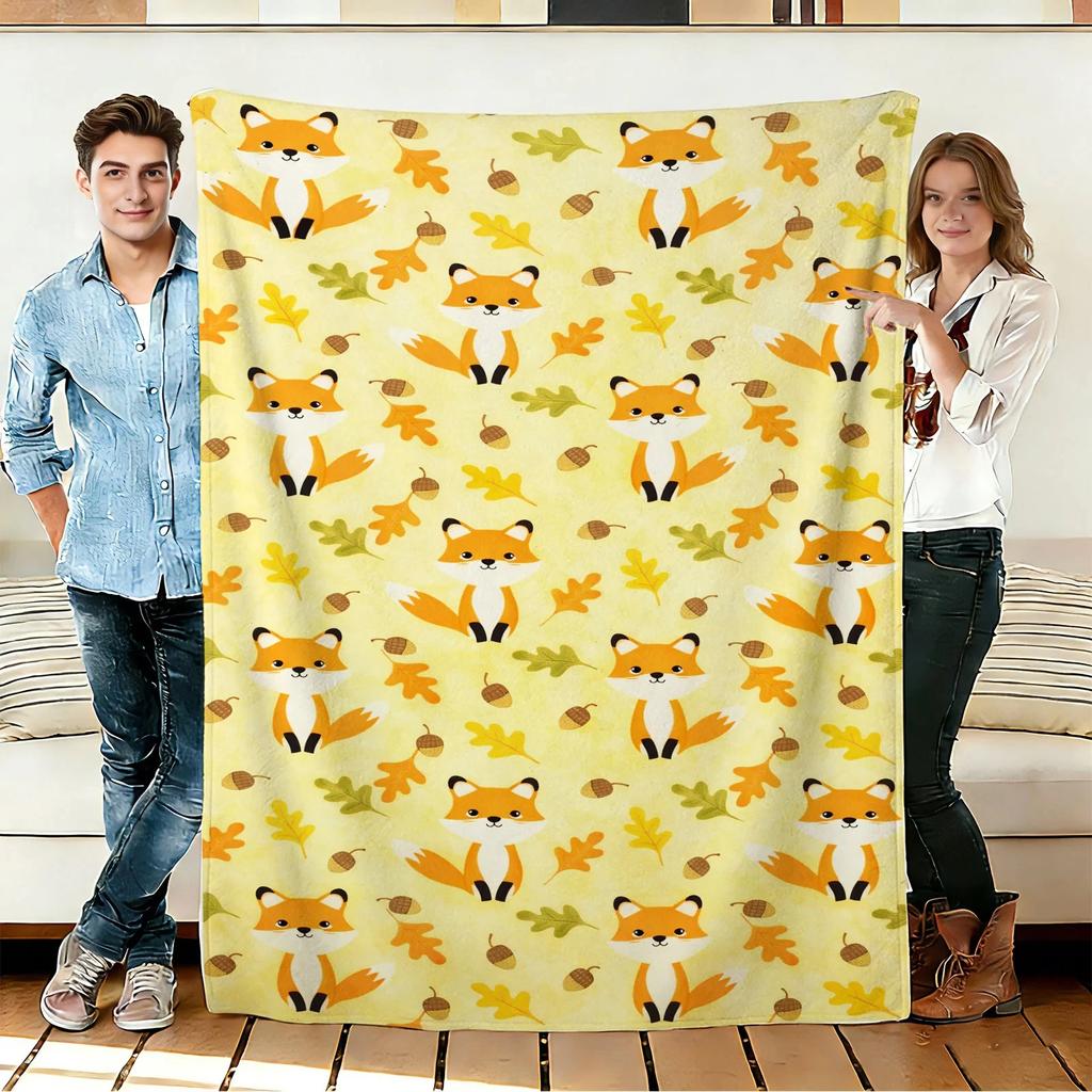 Fox and Leaf Flannel Blanket Soft Cozy Throws Napping Travel Use