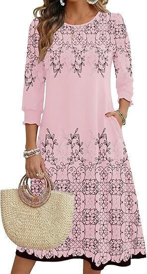 Women's Summer, Pocket Seven-Sleeve Floral Medium and Long Casual Dress