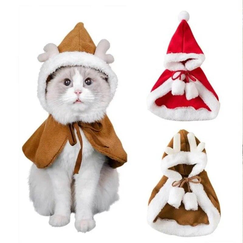 

Рождественский костюм кошки для маленькой собаки, осенне-зимний теплый плащ, Санта-Клаус с оленями, забавная накидка для домашнего животного, нарядная одежда, реквизит, декор