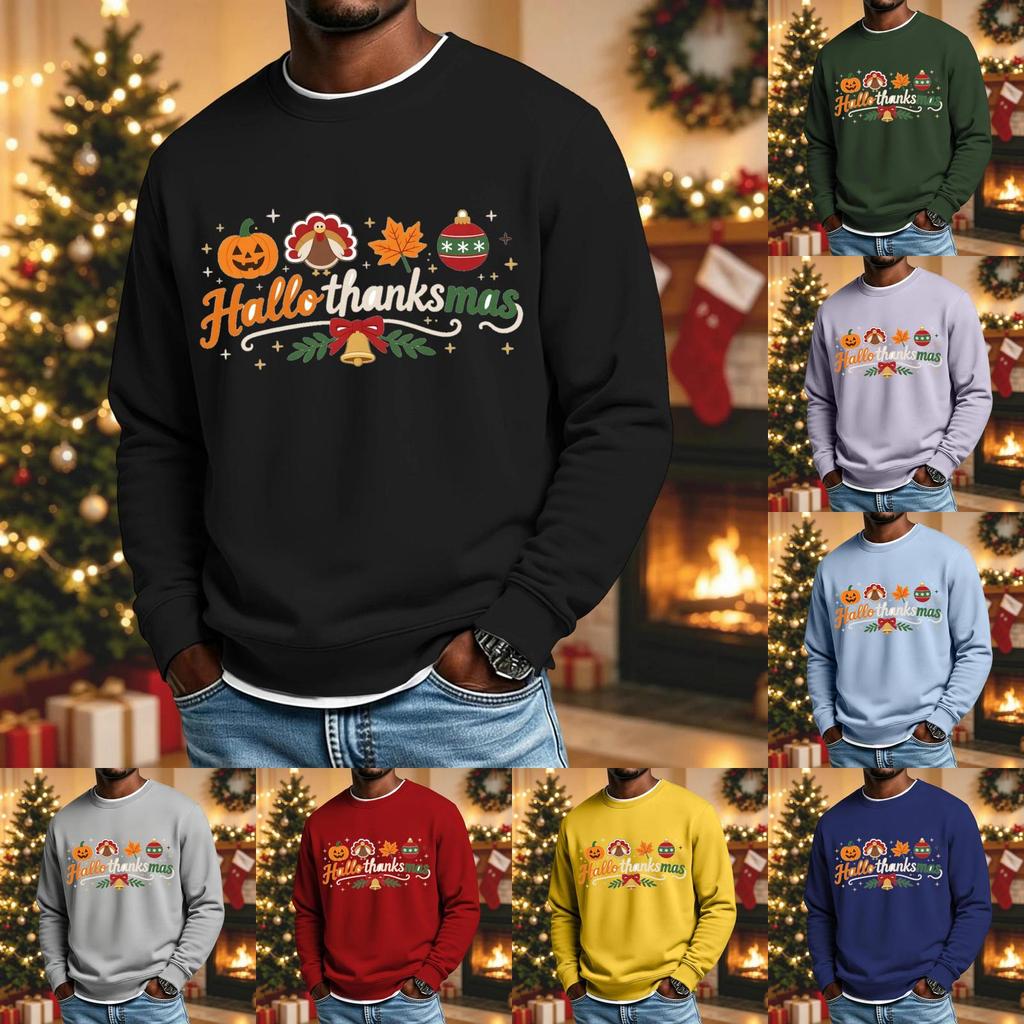 Herren Lockere Passform Lässiges Rundhals Langarm Grafikshirt mit Halloween Thanksgiving Weihnachten Aufdruck Feiertags Oberteil
