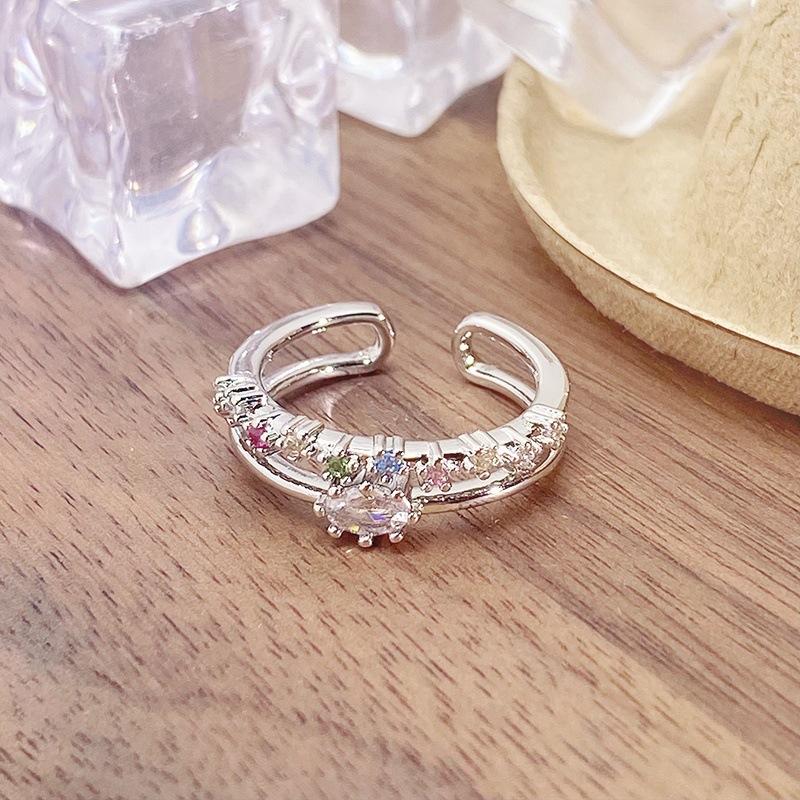Dopamine Colored Treasure Zircon Row Diamond Super Fairy Opening Ring Light Luxury High Sense Student Party Index Finger Ring Niche Ring