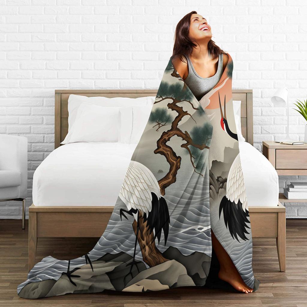 Soft Warm BlanketStudents Travel Chinese Style Crane Throw Blanket Flannel Bedspread For Couch Bed Novelty Sofa Bed Cover