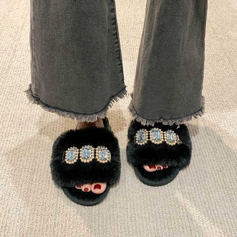 Fashion home indoor floor non-slip and warm one-word mop 2025 autumn and winter new Mao Mao slippers women's flat bottom