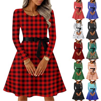 Damen Casual Mode Langarm Vintage Lange Kleider