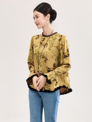 High-Quality Early Spring Women's Chinese Style Rayon Jacquard Top with Velvet Lace Patchwork