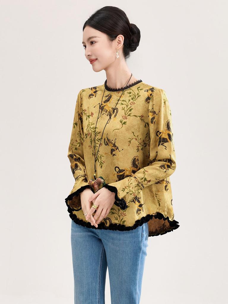High-Quality Rayon Jacquard Patchwork Velvet Lace Women's Shirt - Early Spring, New Chinese Style