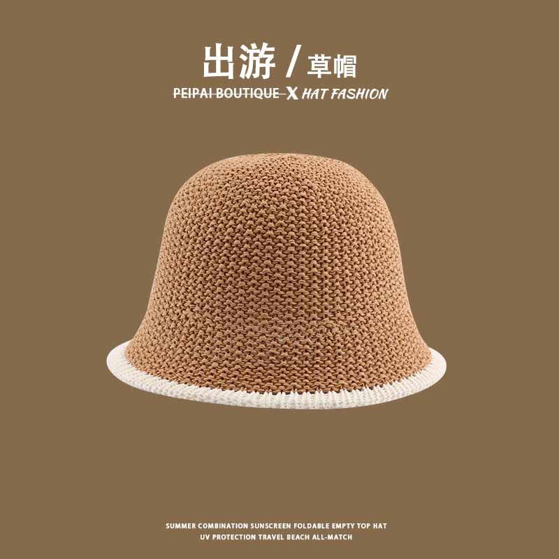 Women's Straw Hat Woven Sunshade Beach Hat Summer Hollow Breathable Bucket Hat Beach Sunshade Hat