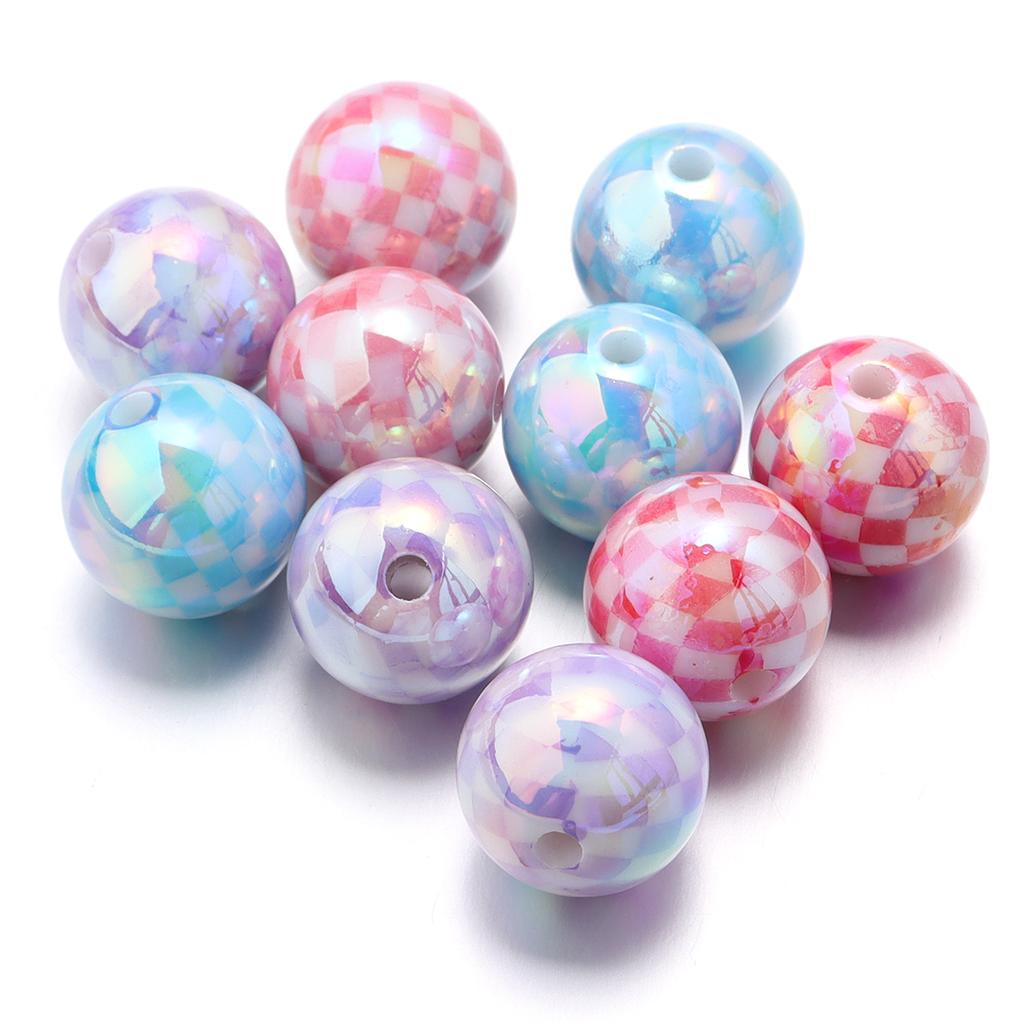 10Pcs 15.5mm Acrylic Plated UV Colored Beads Stripes Star Printed Loose Round Beads For DIY Phone Chain Jewelry Accessories