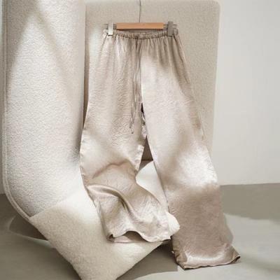 Women Casual Pants Elastic High Waist Adjustable Drawstring Straight Wide Leg Pants with Pockets Solid Color Ice Silk Cool Trousers