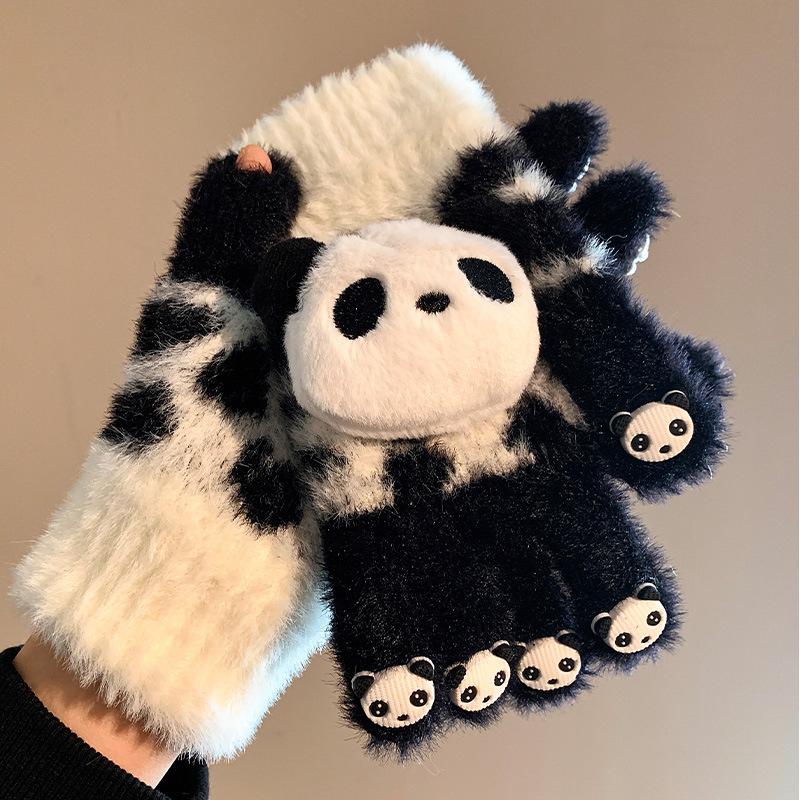 Cute red panda plush knitted five-finger gloves for women in winter, students can ride electric vehicles to keep warm and thicker