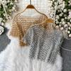Chic Vintage Hollow Out Sequin Backless Elegant Fashion Sexy Shirt High Street T Shirt Summer Women Blouse Women