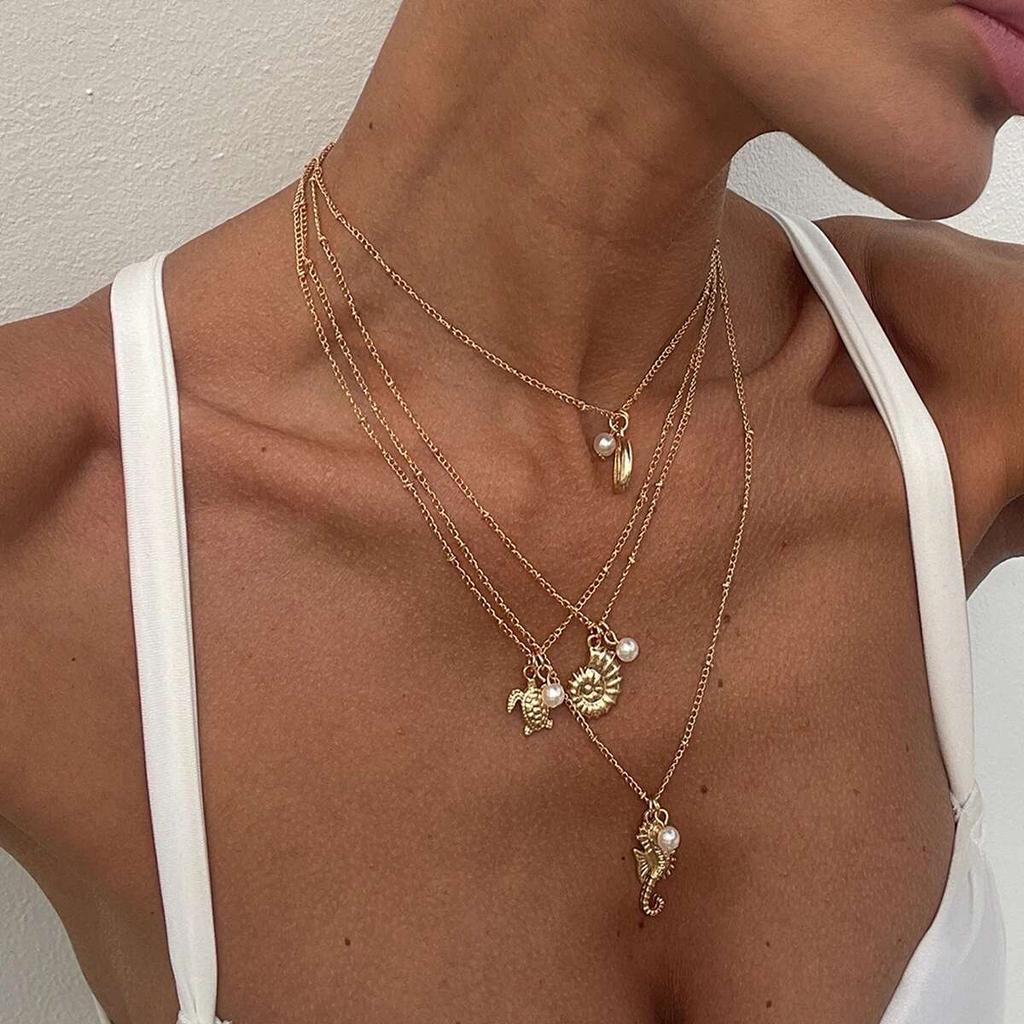 Salircon 4Pc/Set Boho seahorse Sea Turtle Pendant Necklace Women  New Summer Conch Imitation Pearl Charms Chain Jewelry