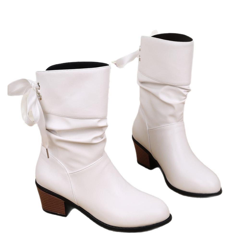 22 autumn and winter new medium heel thick heel rear lace-up knight boots round head medium boots