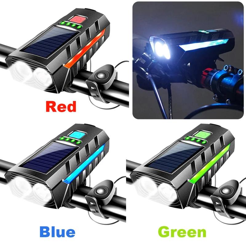 Solar Bicycle Light Bike Front Lamp With Horn Usb Rechargeable Power Display Waterproof Bike Flashlight Headlamp1Pc
