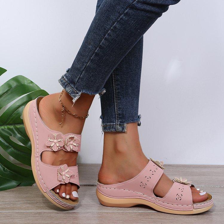 

2025 summer new flower sewing line solid color light mouth round head casual fashion women s wedge heel large size sandals 43 розовый
