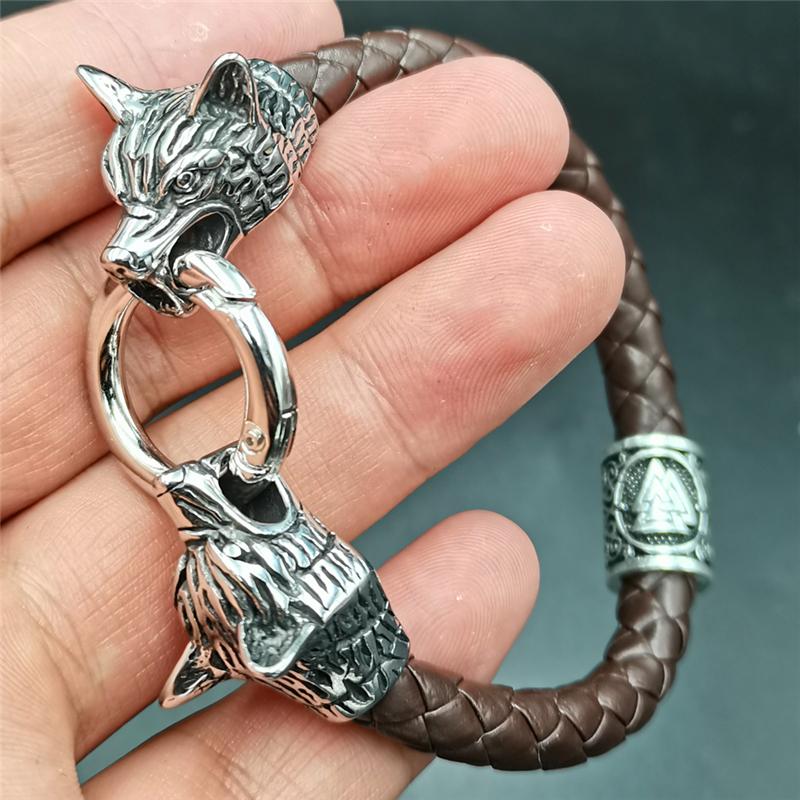 Wolf Head Bracelet Stainless Steel Viking Rune Bead Leather Bracelet Jewelry For Women Men Unisex Gift