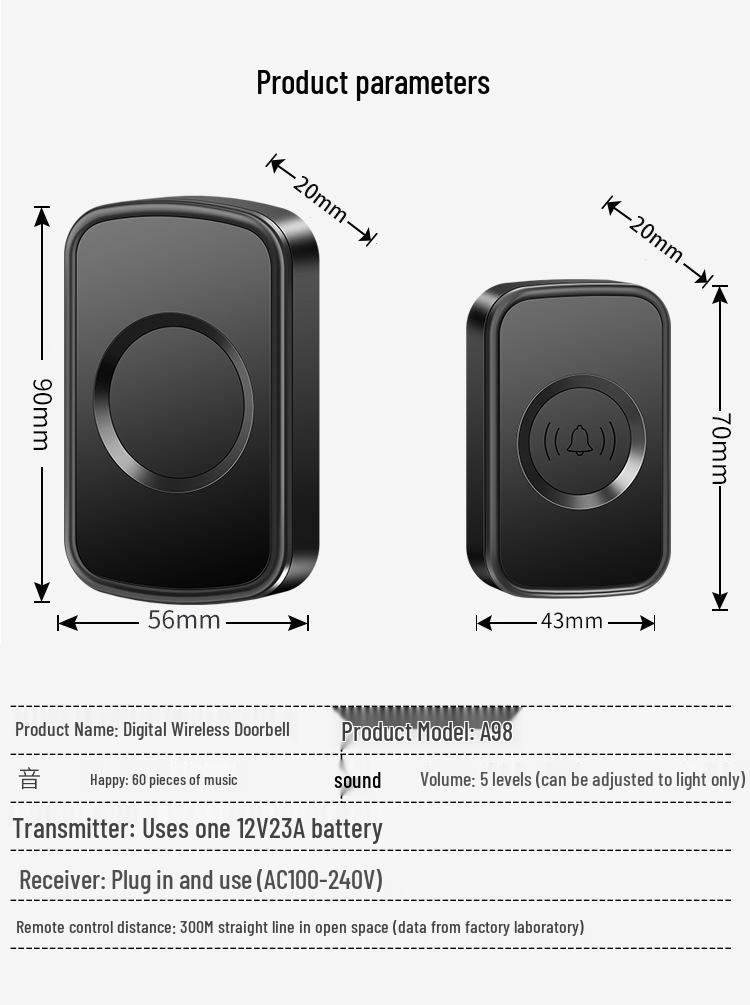 Wireless Doorbell with Remote Control and Plug-in Receiver for Home Entryway and Elderly Call Assistance