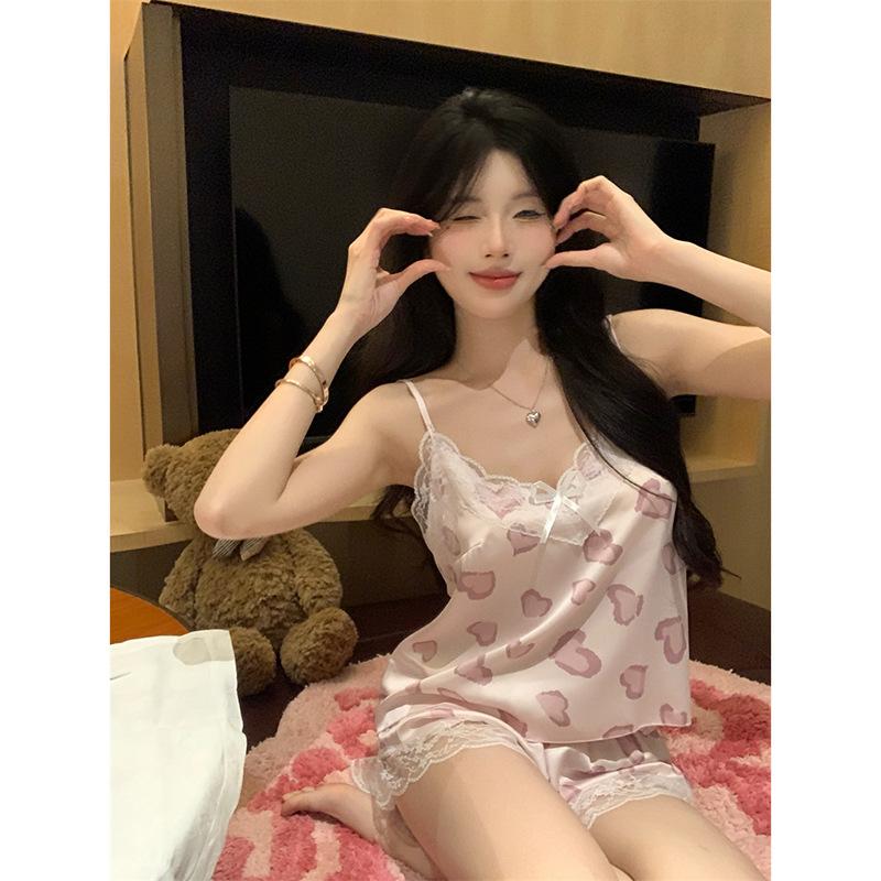Sexy pajamas women's ice silk suspenders shorts pure desire wind love printed lace set summer new loungewear