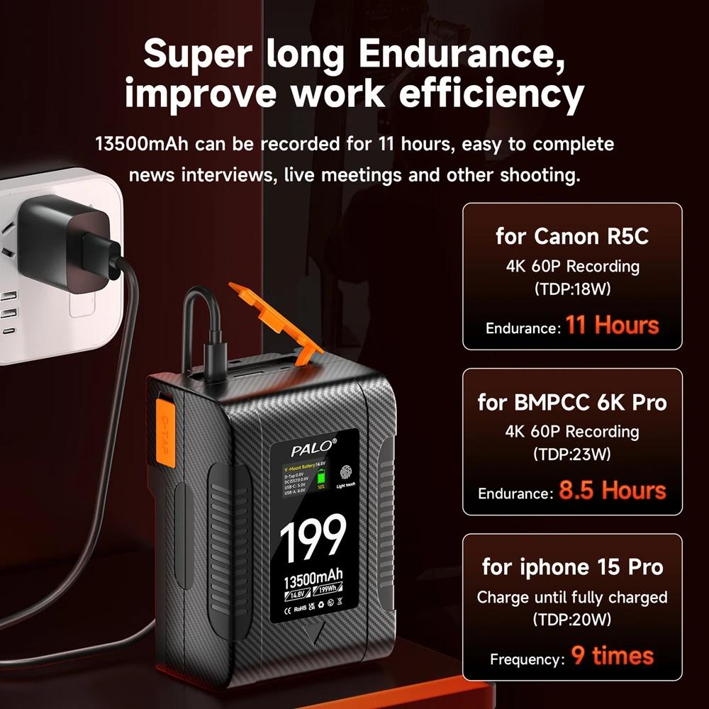 PALO V Mount V-Lock 199Wh Battery BP Battery With PD 65W Cable for Sony Camcorder Broadcast Video Light Blackmagic URSA