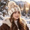 Soft Acrylic Polyester Cap Knit Winter Hat with Faux Fur Pom, Thick Color Thermal Headwear for Skiing Block Cable Cap, Elastic Cold Weather