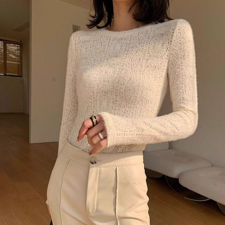 Apricot Long Sleeve Lace Knitwear Women's Autumn Winter Fashion Slim Fit Base Layer Top