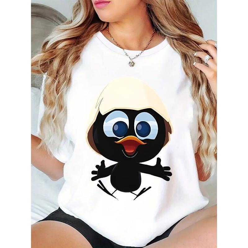 European Sizes Women's Cute Duckling Eggshell Print T-Shirt - Soft Breathable Round Neck Casual, All-Season Fit for Everyday Outfits & Exercise