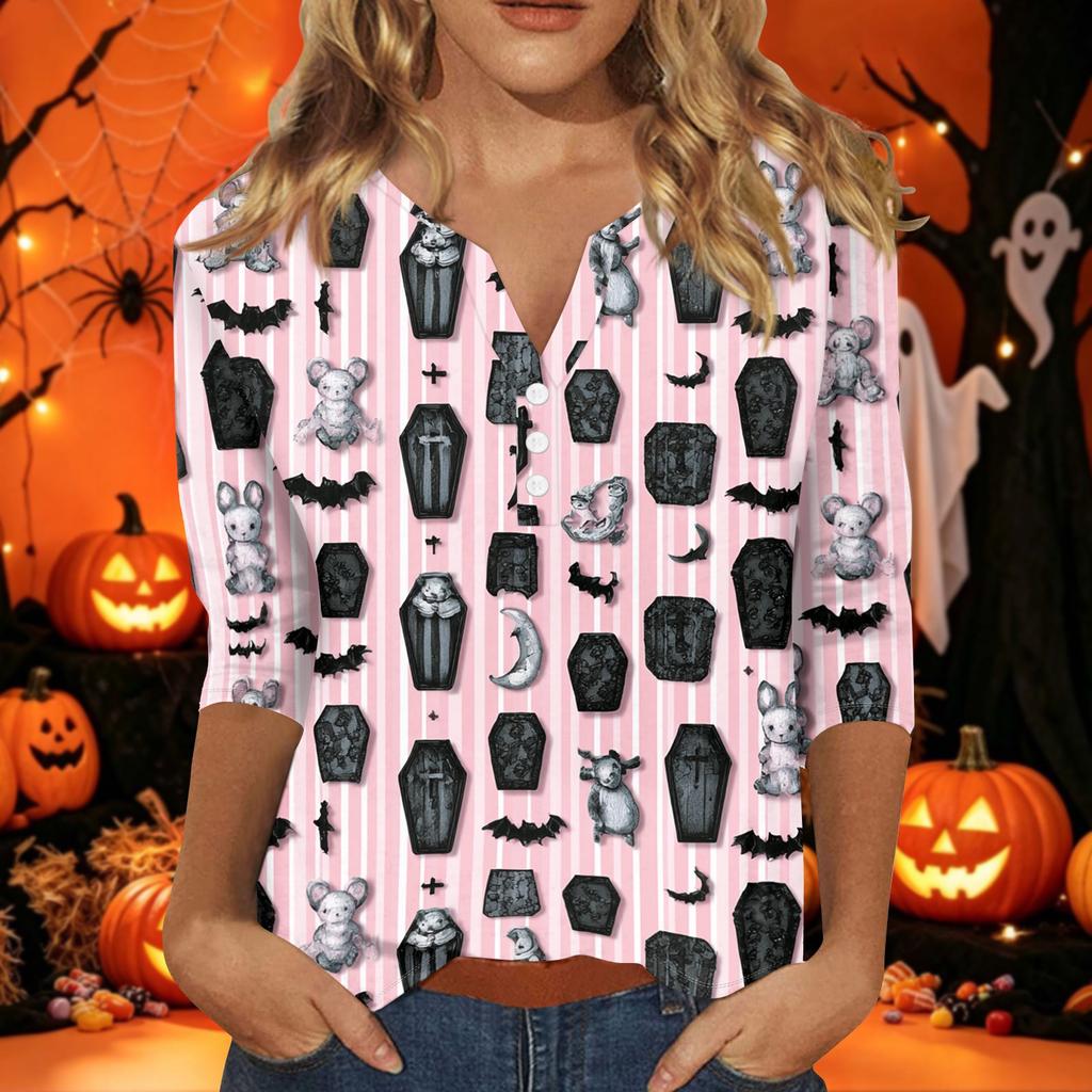 Women's Casual Halloween Print V-Neck Short Sleeve T-Shirt with Decorative Buttons