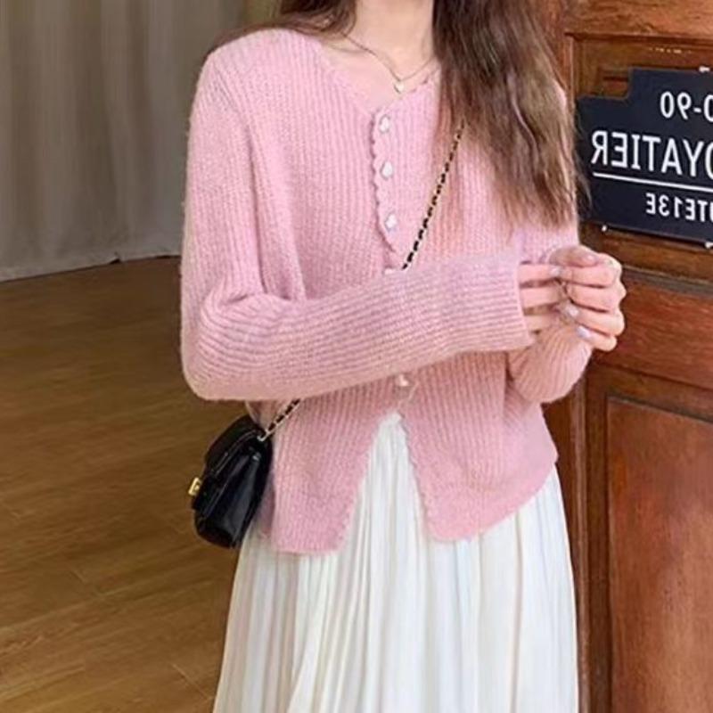 

Милый и нежный вязаный кардиган, короткая куртка, осенний дизайн, для чаепития, топ с длинным рукавом, тонкий one size fits all розовый