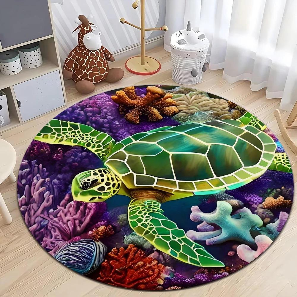Sea Turtle Group Beach Round Rug Durable Floor Mat for Kids Room Living Room Ocean Theme Home Decor Carpet
