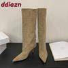 Moda Moda Flok Kobiety Kozaki do Kolan Nowoczesne Buty na Obcasie Szpiczasty Nosek Impreza Panie Długie Buty Damskie Wsuwane Buty Czółenka