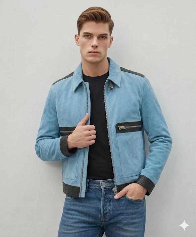 Handmade Fit Motorcycle Stylish Suede Blue Lambskin Leather Men's Biker Jacket