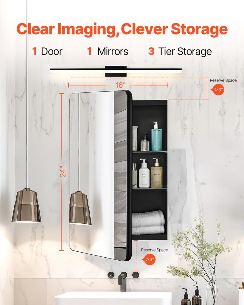 Medicine Cabinet 16" x 24" Mirror Medicine Cabinet Adjustable Shelves