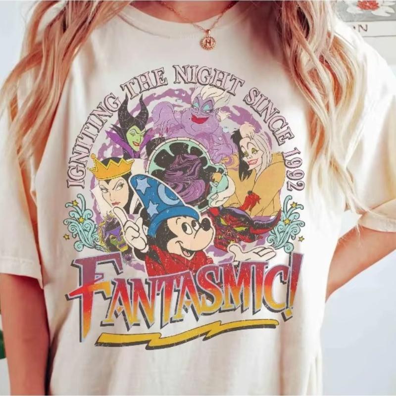 2026 New Fashion Mickey Fantasia and   Villain Print Fashion Womens TShirt Short Sleeve O Neck Loose Plus Size Top S
