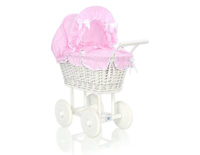 Tall Wicker Doll Stroller with Pink Bedding and Lining - White