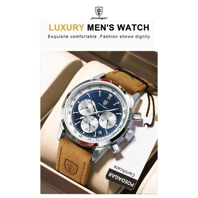 POEDAGAR Luxus Herrenuhr Hohe Qualität Wasserdicht Chronograph Leuchtende Armbanduhr Leder Quarz Uhren Lässige Uhr