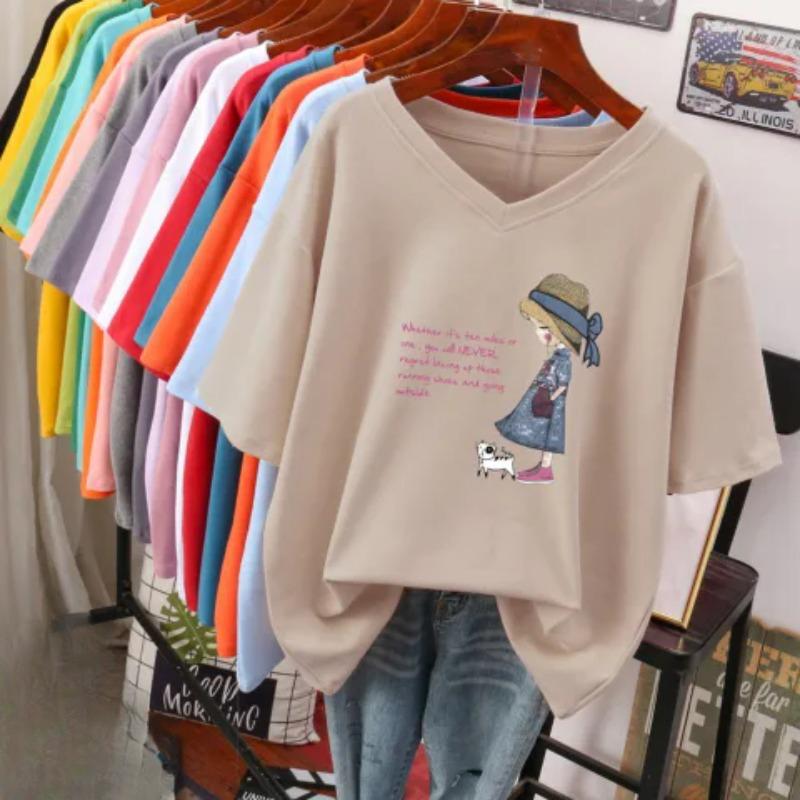 

Футболка с коротким рукавом, Свободного кроя, Приталенный топ с V-образным вырезом с принтом для женщин L абрикосовый