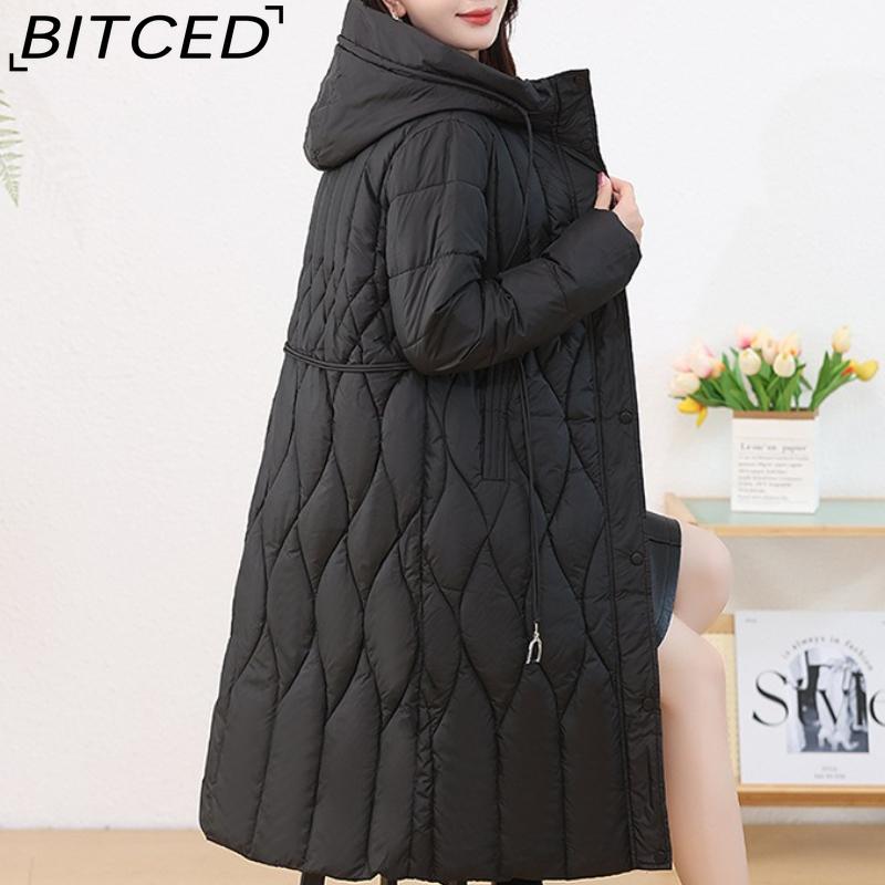 BITCED Women's Long-Length Winter Coat with Hood and Drawstring Waistband Fitted and Flattering Silhouette for a Slimming Effect