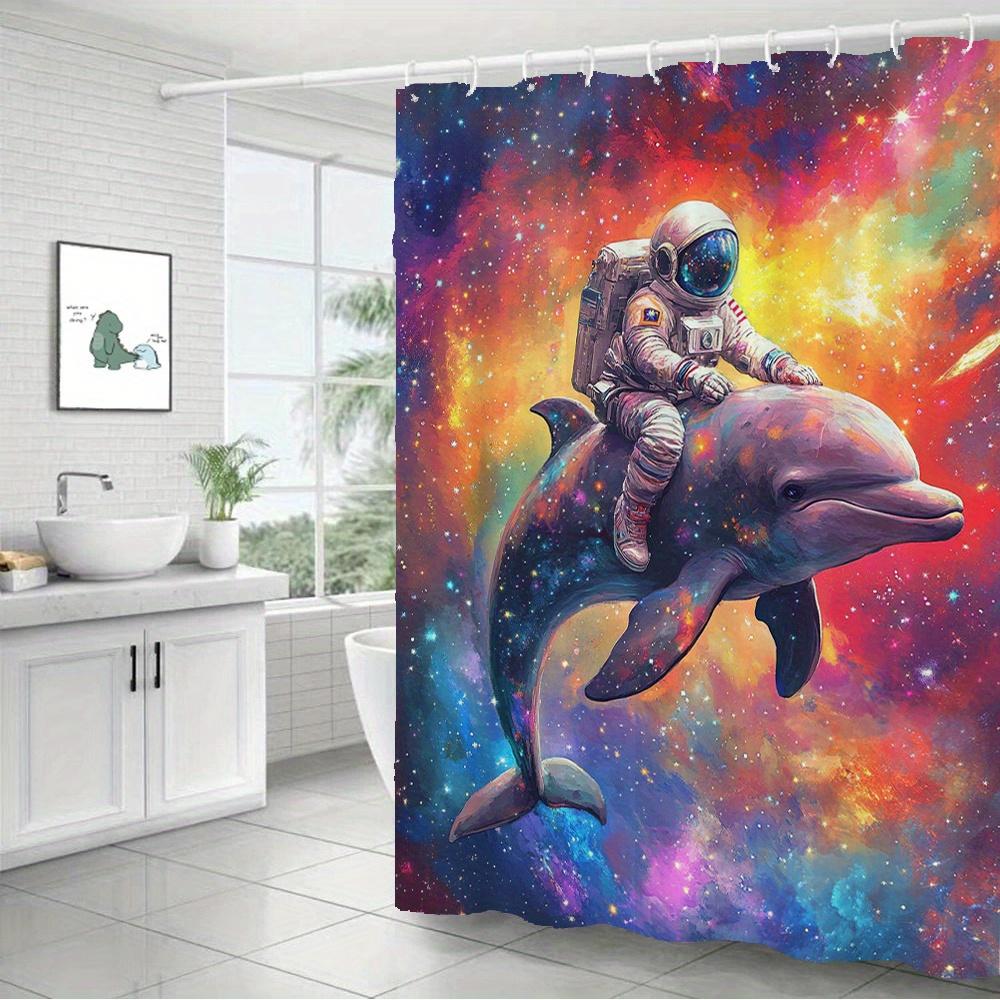 Astronaut Riding Dolphin Waterproof Mildew-Resistant Shower Curtain - Cosmic Design for a Unique Bathroom Décor Experience