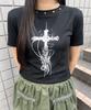 WEGO Figments Dome Neck Cross Print Short Sleeve Size Korean Summer Clothes T-Shirt, Women's, F, Black, Style,
