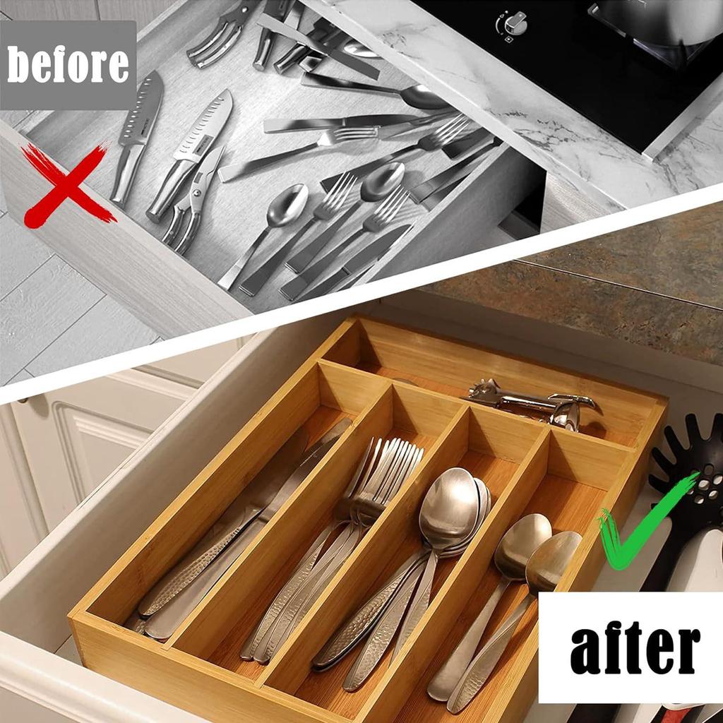 Bamboo Storage Box: 5-Compartment Cutlery and Silverware Tray for Kitchen or Bedroom