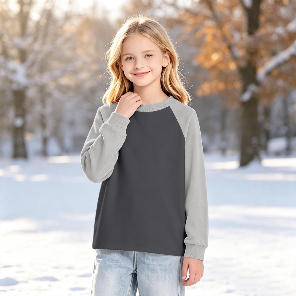 Boys Girls Youth Long Sleeve Raglan T-Shirt, Color Neck Base Layer for Kids